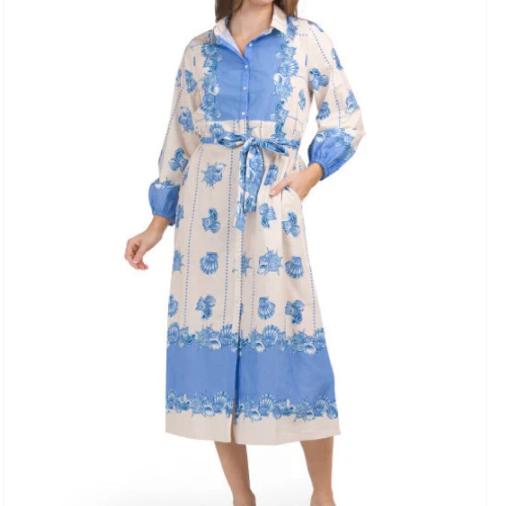 CELINA MOON Long Sleeve Shell Print Cotton Midi Dress Women's Size Large NWT
